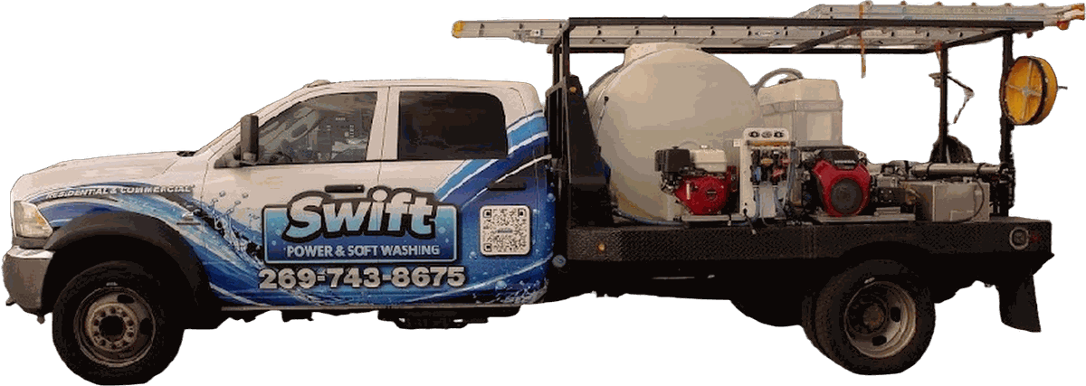 Swift Power & Soft Washing truck, driver side, with its wash tank, pumps and ladder rack